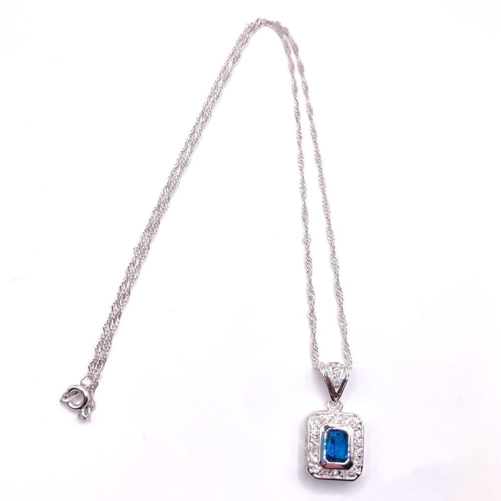 Silver Chain Blue and White Cubic Zirconia Pendant Necklace